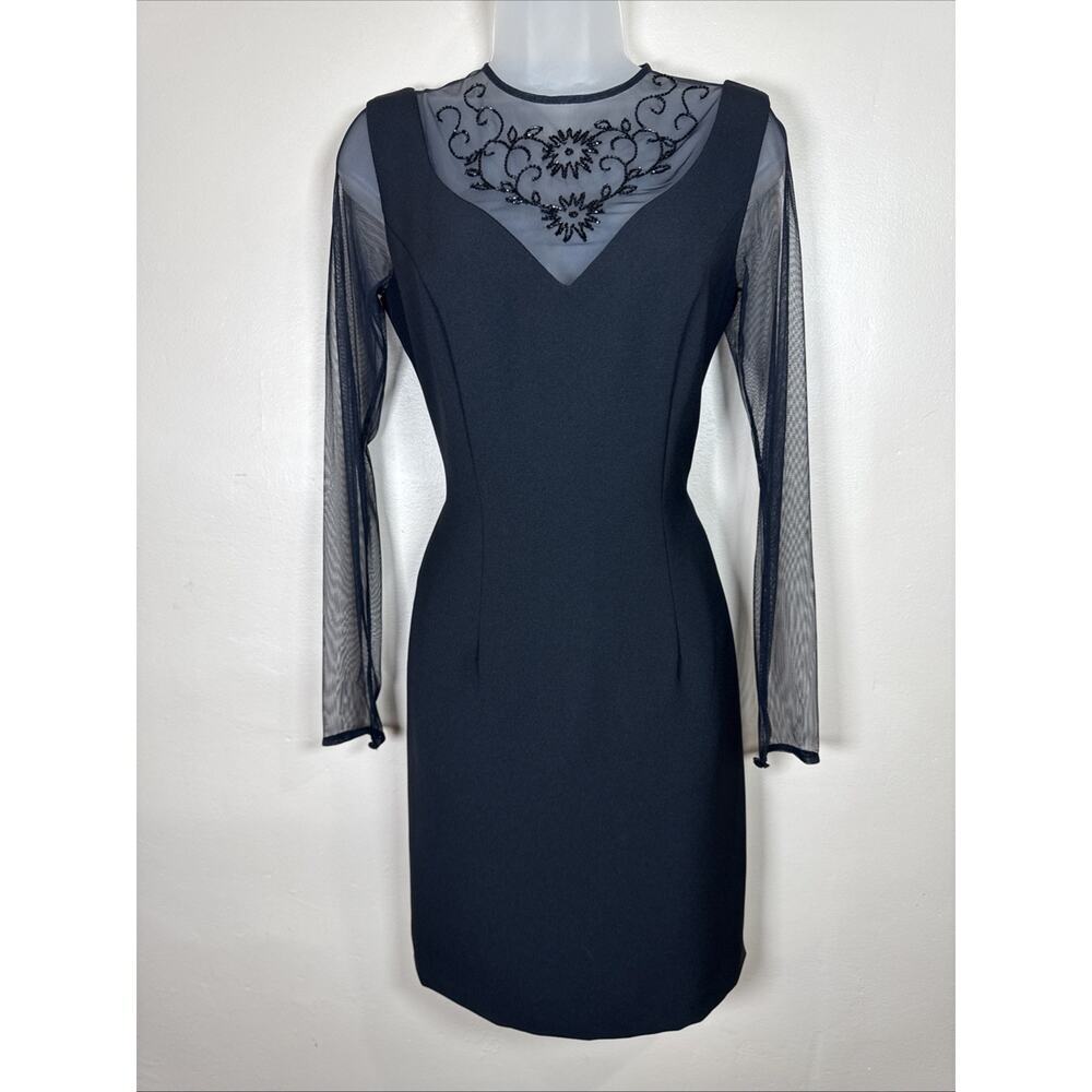 VTG La Nuit Womens Formal Dress Sheer Sleeve LBD Beaded 90s Midi Black 6